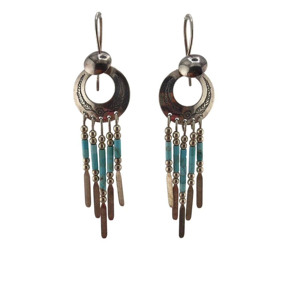 Vintage Q.T. Turquoise Southwest Sterling Silver Concho Dangle Earrings